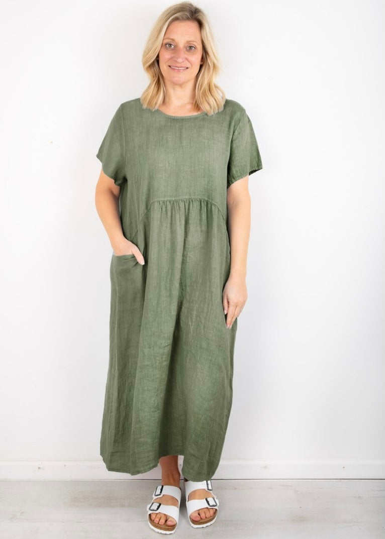 Amazing Woman Linen Dress In Khaki Green