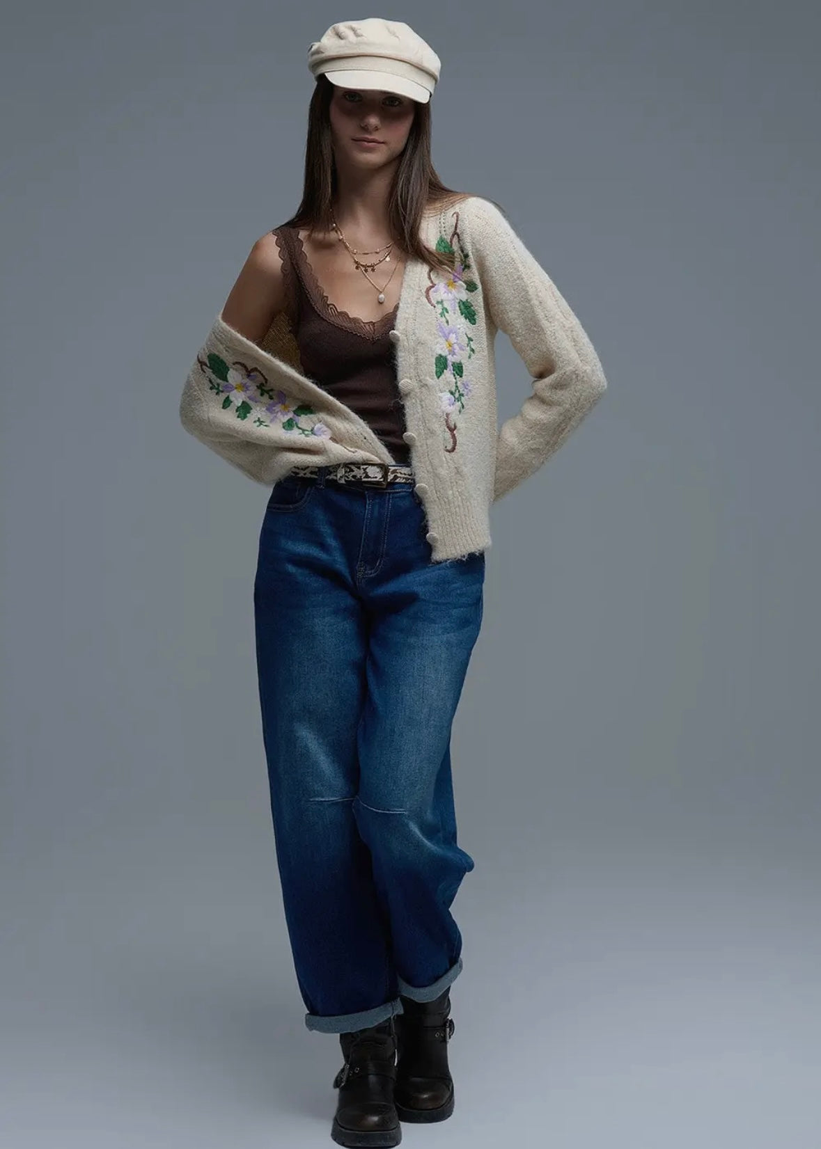 Q2 Cable Knit Beige Cardigan With Embroidered Flowers