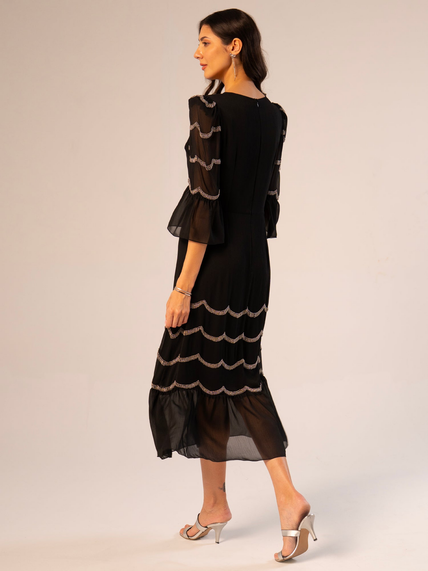 Rose And Nancy Georgie Black and Silver Scallop Bead Midi Dress