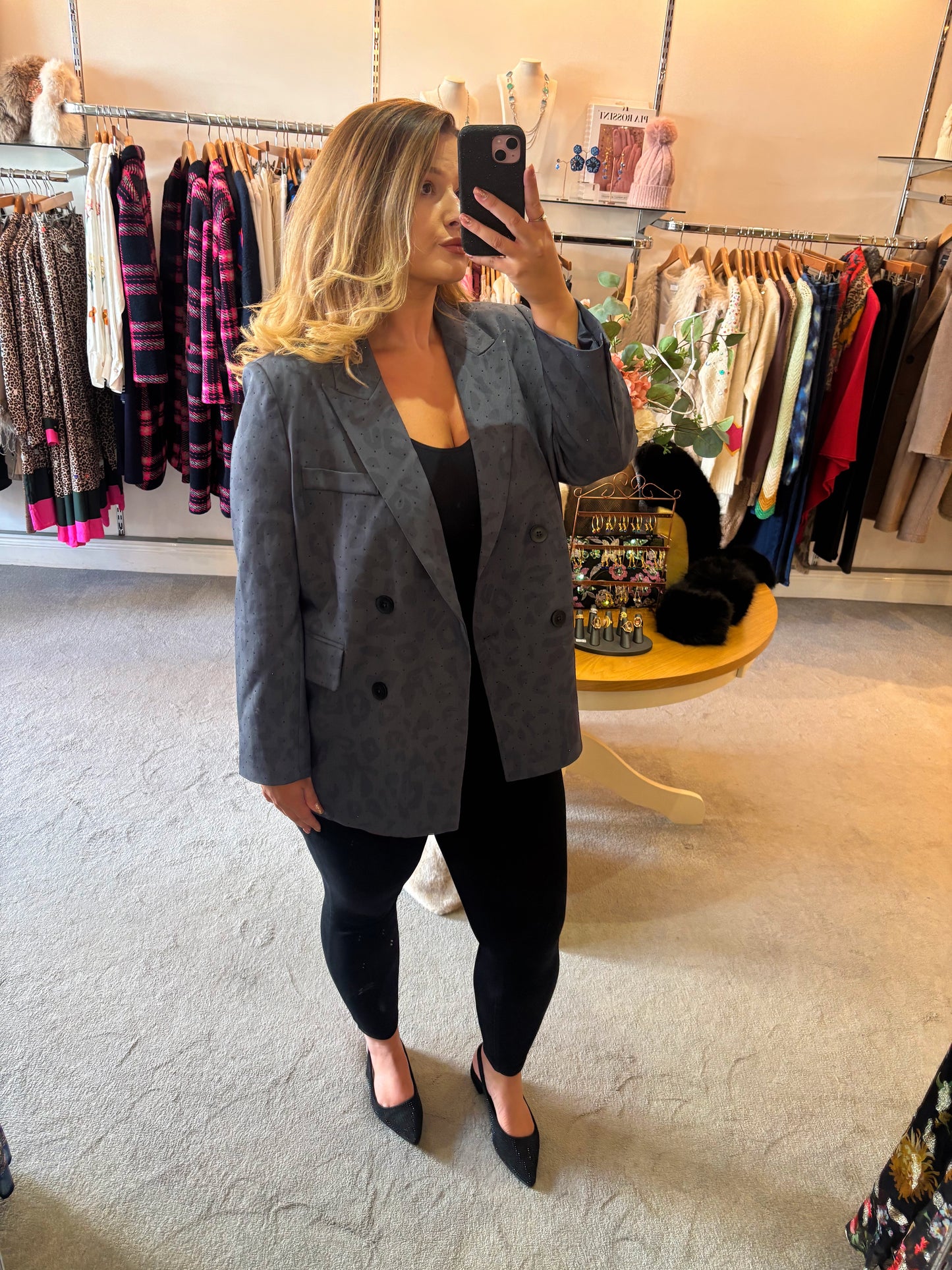 Grey Leopard Print Studded Blazer