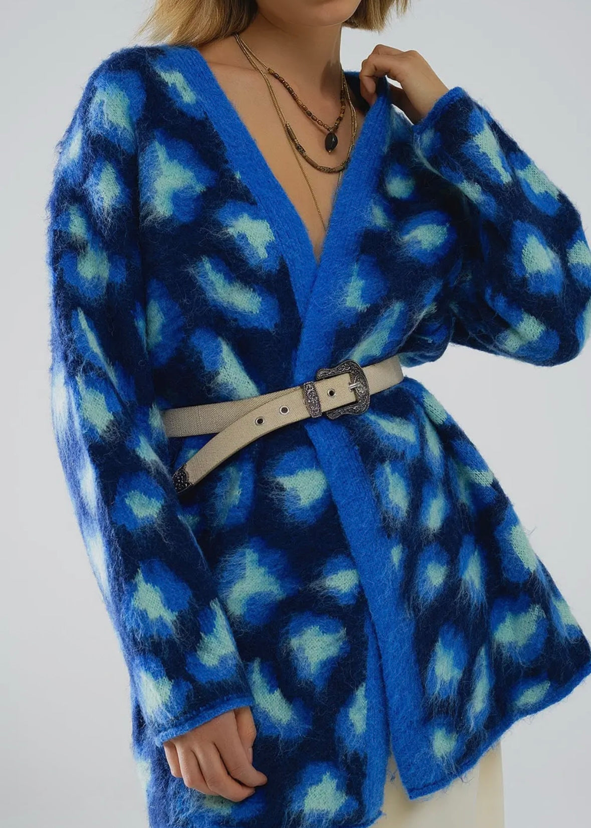 Q2 Blue Leopard Print Wool Cardigan