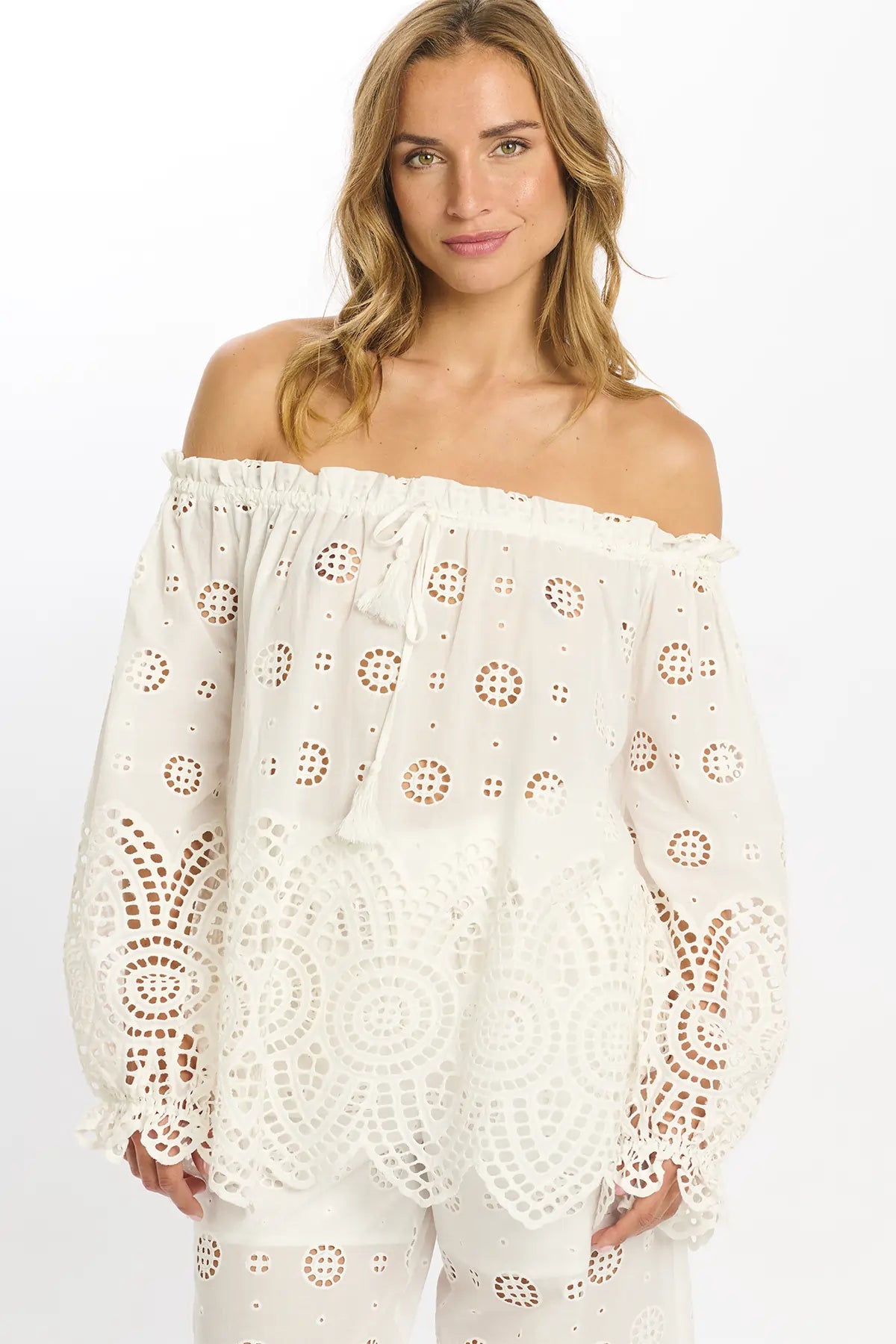 Miss June Opaline Bardot Embroidered Cotton Top In White