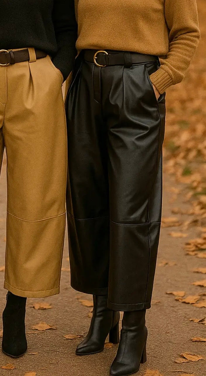 KM Black Barrell Leg Soft Pu Leather Look Trousers In Black