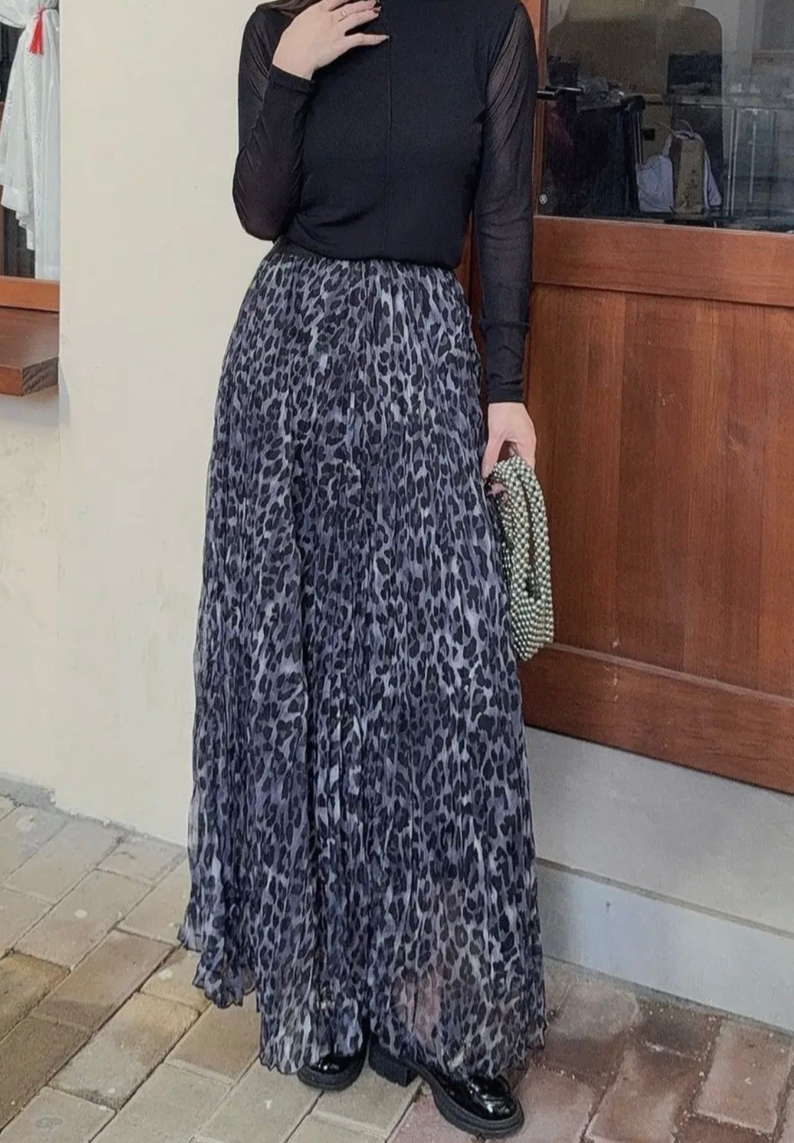 Leopard Print Pleated Maxi Skirt In Grey