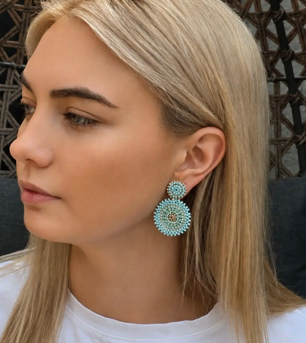 Mini Beaded Circle Drop Earrings in Turquoise