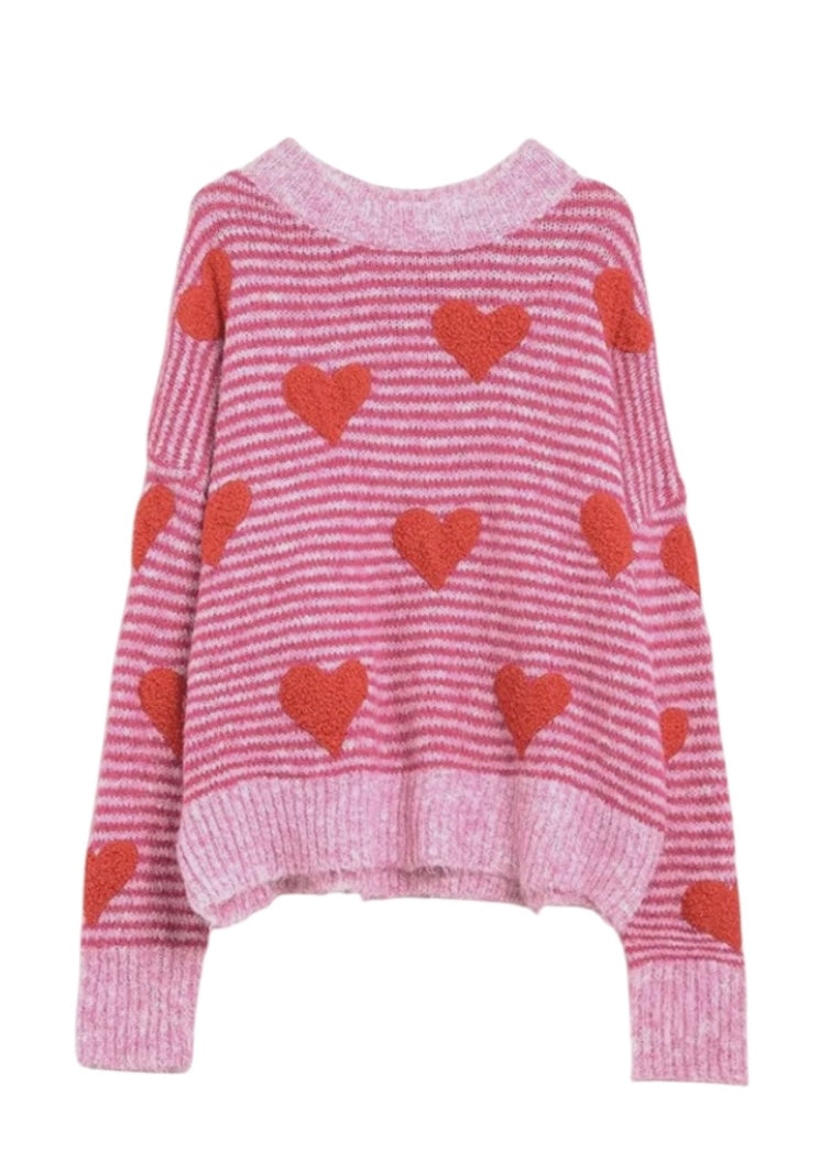 Q2 Pink Striped Sweater With Red Hearts
