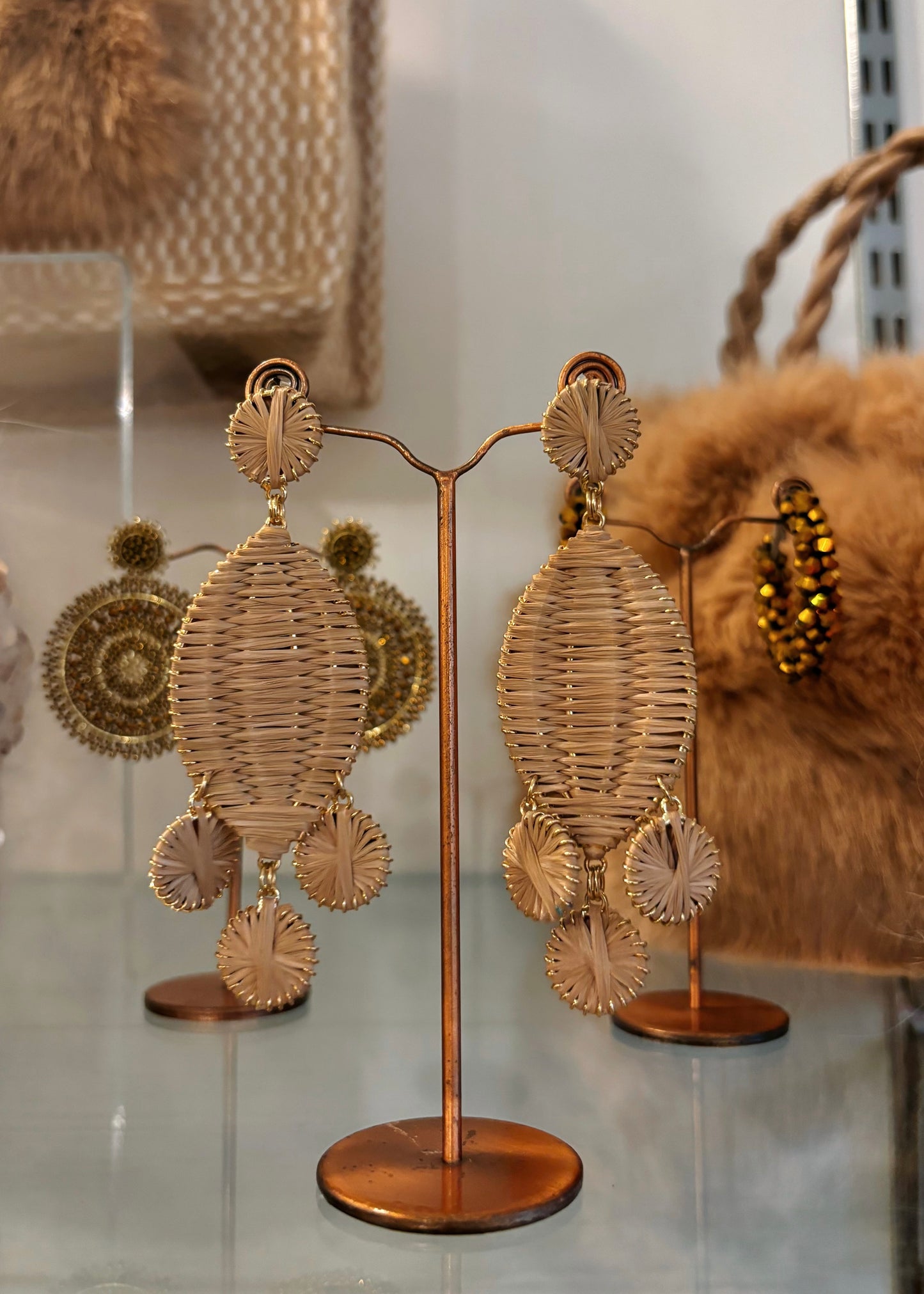 Beige Raffia Oval & Circle Drop Earrings