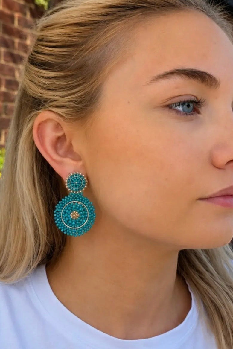 Mini Beaded Circle Drop Earrings in Teal