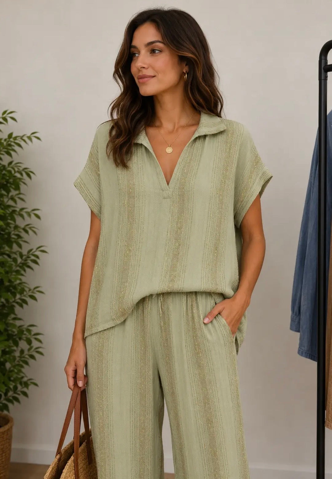 Lurex Stripe Cotton Blend Top In Green