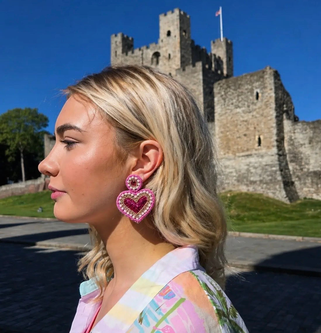 Pink & Pearl Beaded Heart Earrings
