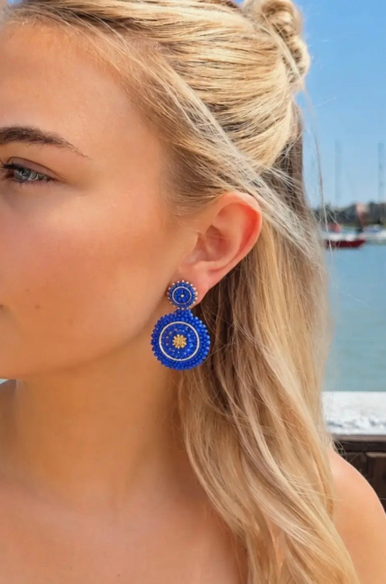 Mini Beaded Circle Drop Earrings in Blue