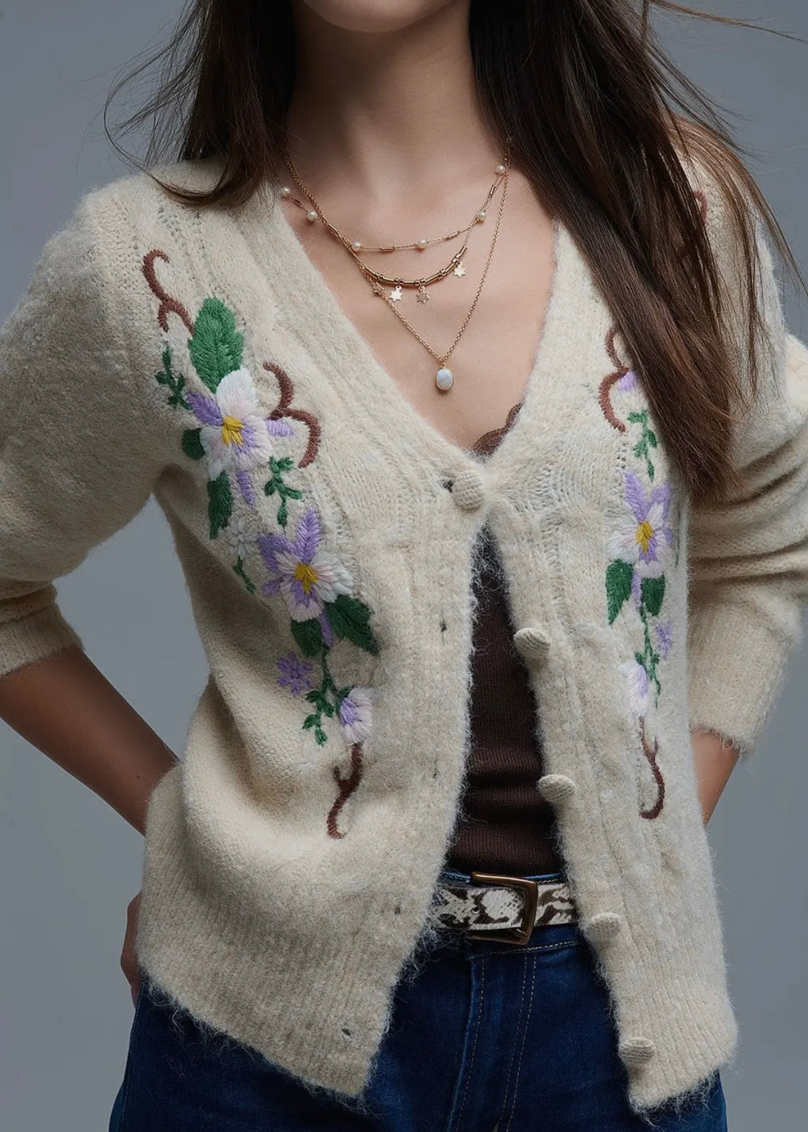 Q2 Cable Knit Beige Cardigan With Embroidered Flowers