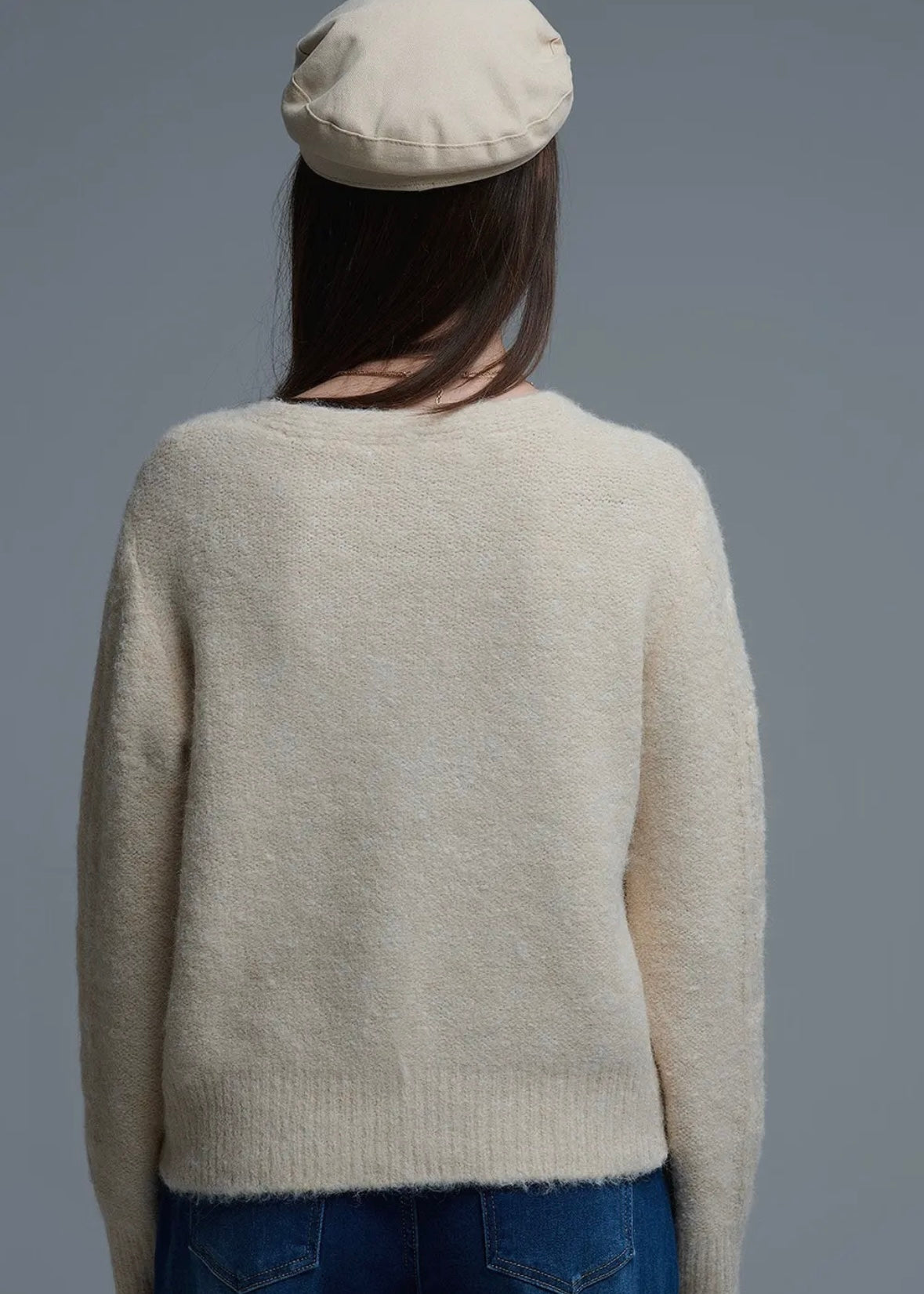 Q2 Cable Knit Beige Cardigan With Embroidered Flowers