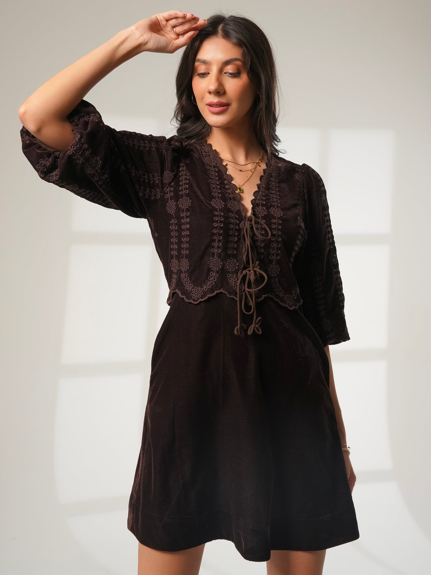 Rose And Nancy Drew Chocolate Brown Embroidered Velvet Tie Front Dress