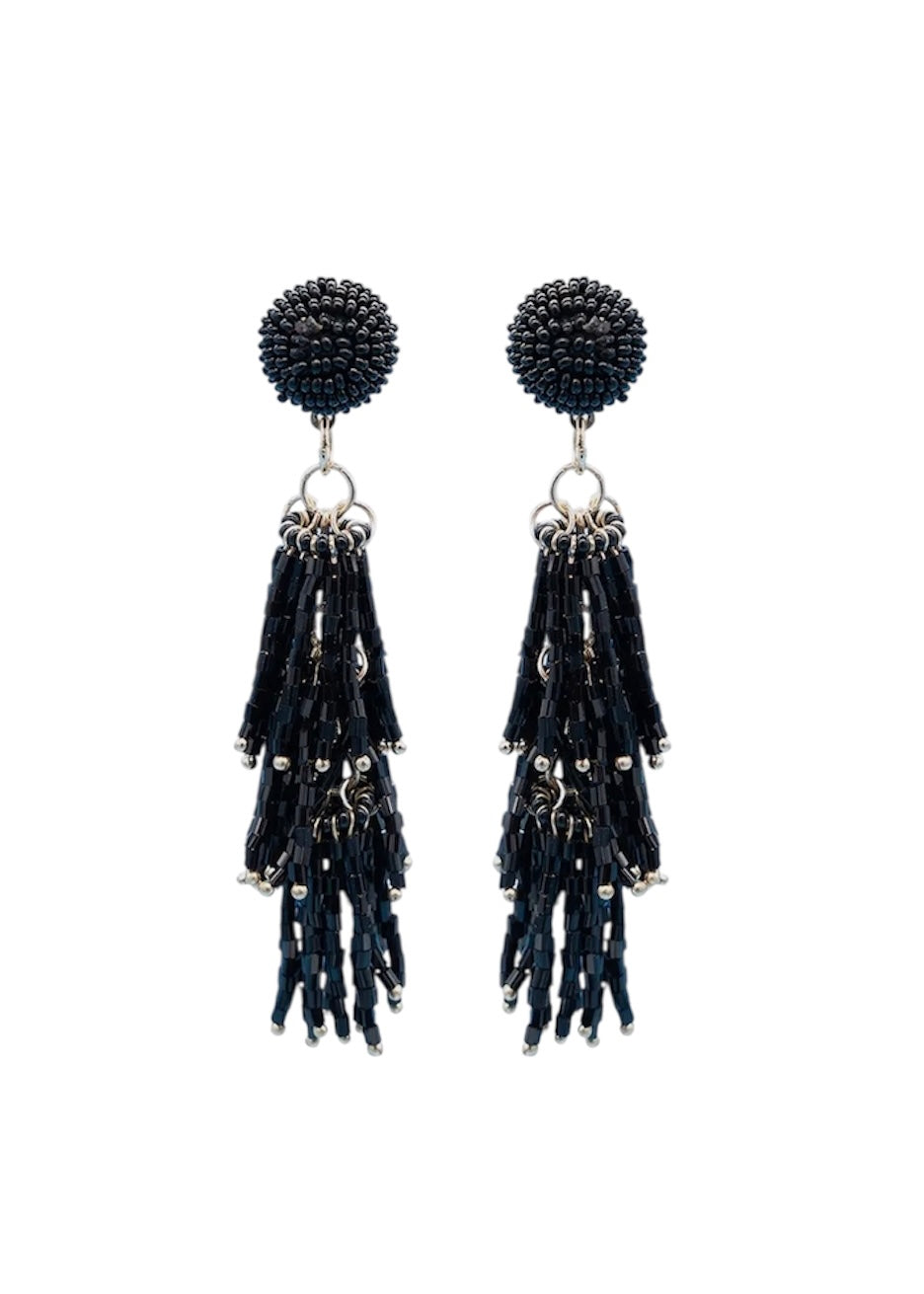 Beaded Black Tassel Earrings