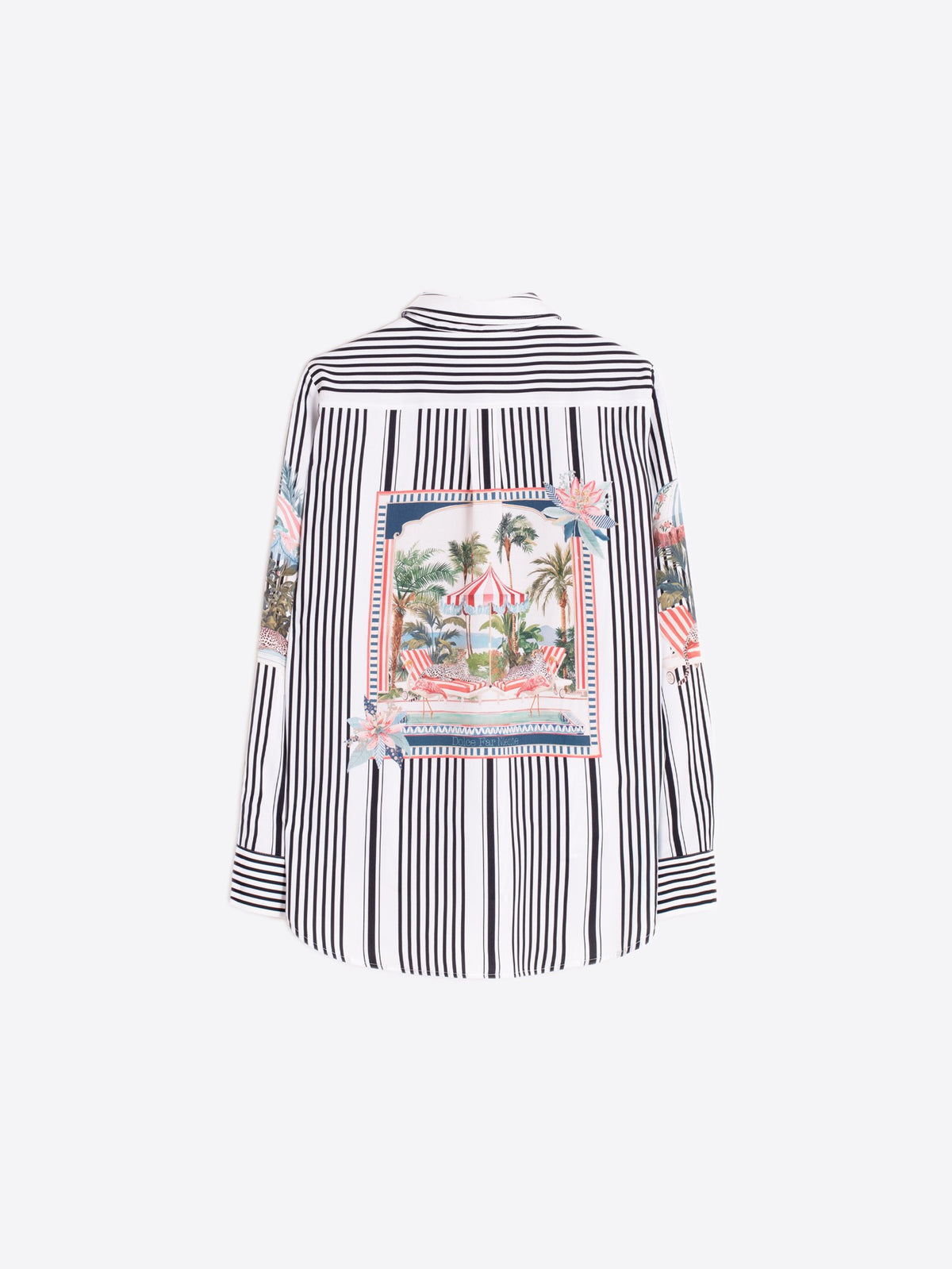Vilagallo Black and white vertical striped shirt with an umbrella print on the front