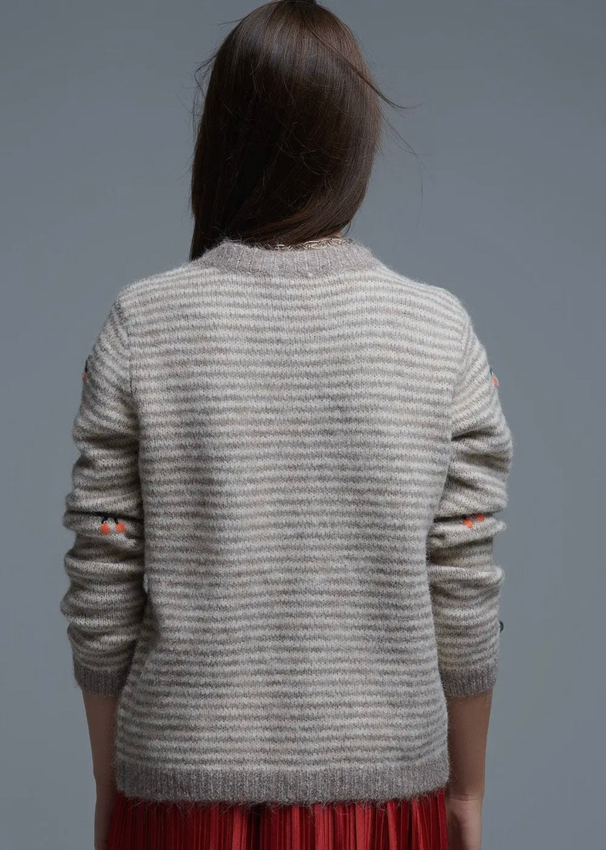 Q2 Wool Blend Stripe Cardigan With Embroidered Fruits