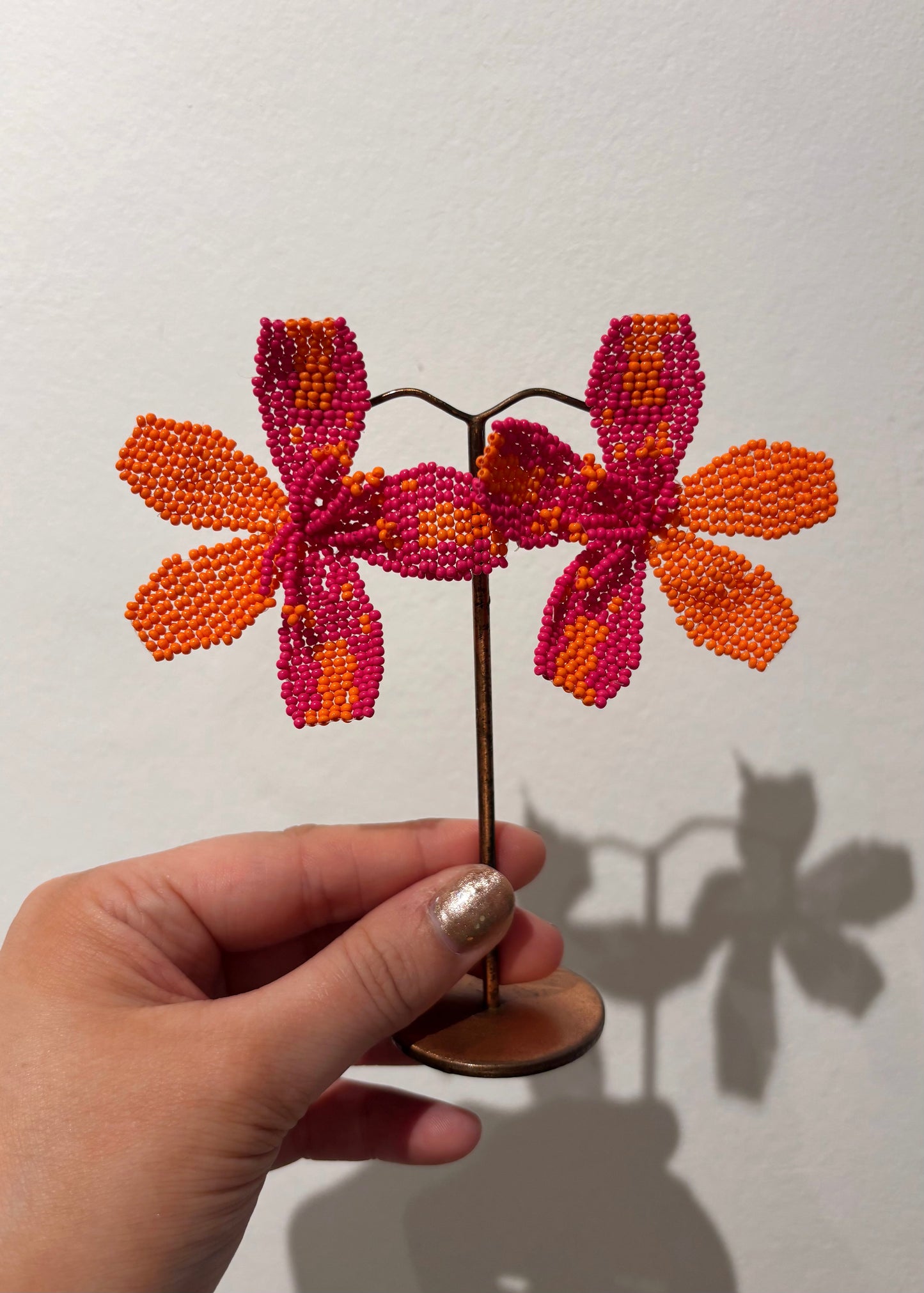 Orange & Pink Beaded Flower Earrings