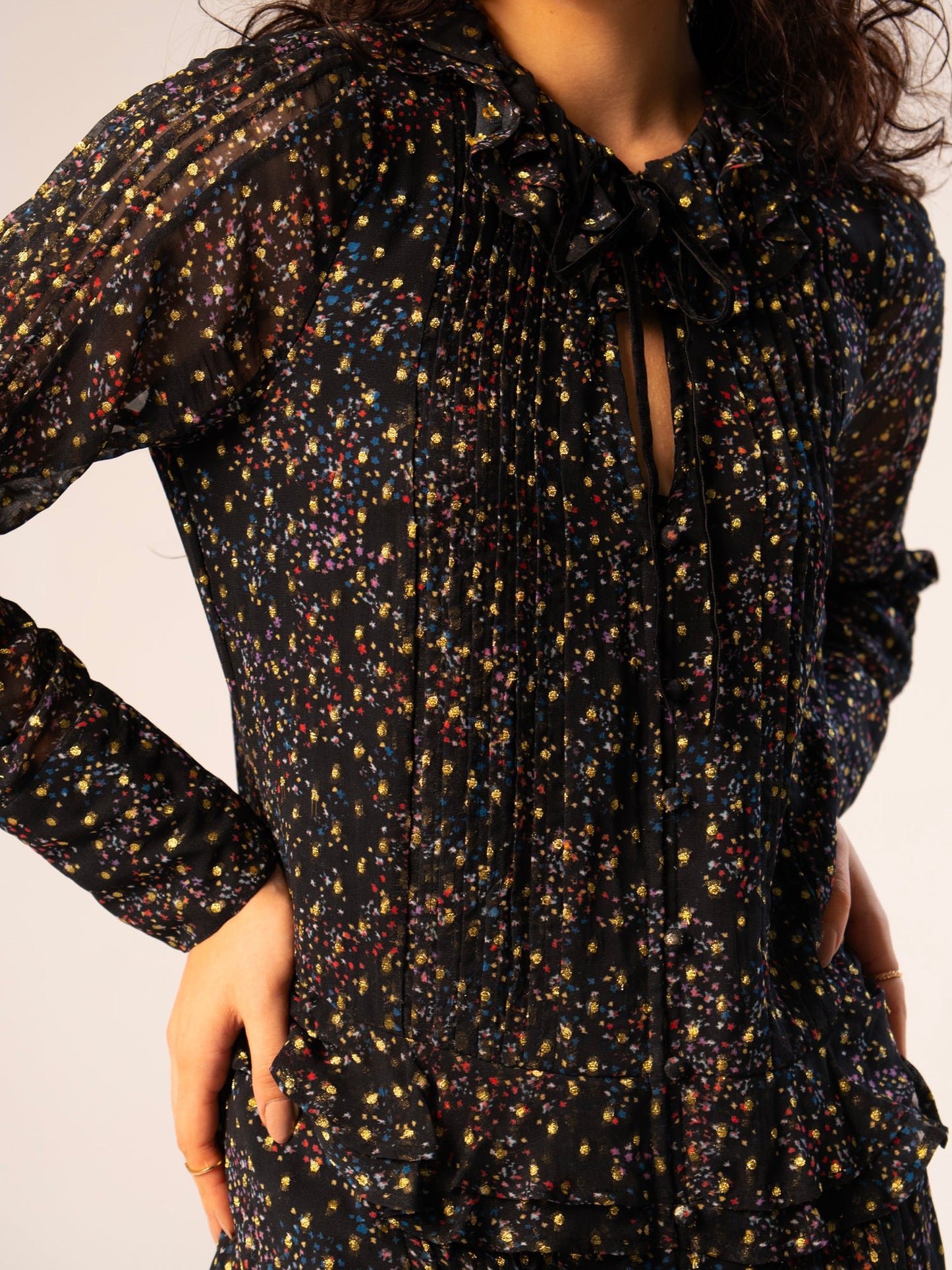 Rose And Nancy Tara Black Star Print Metallic Polka Dot Mini Dress