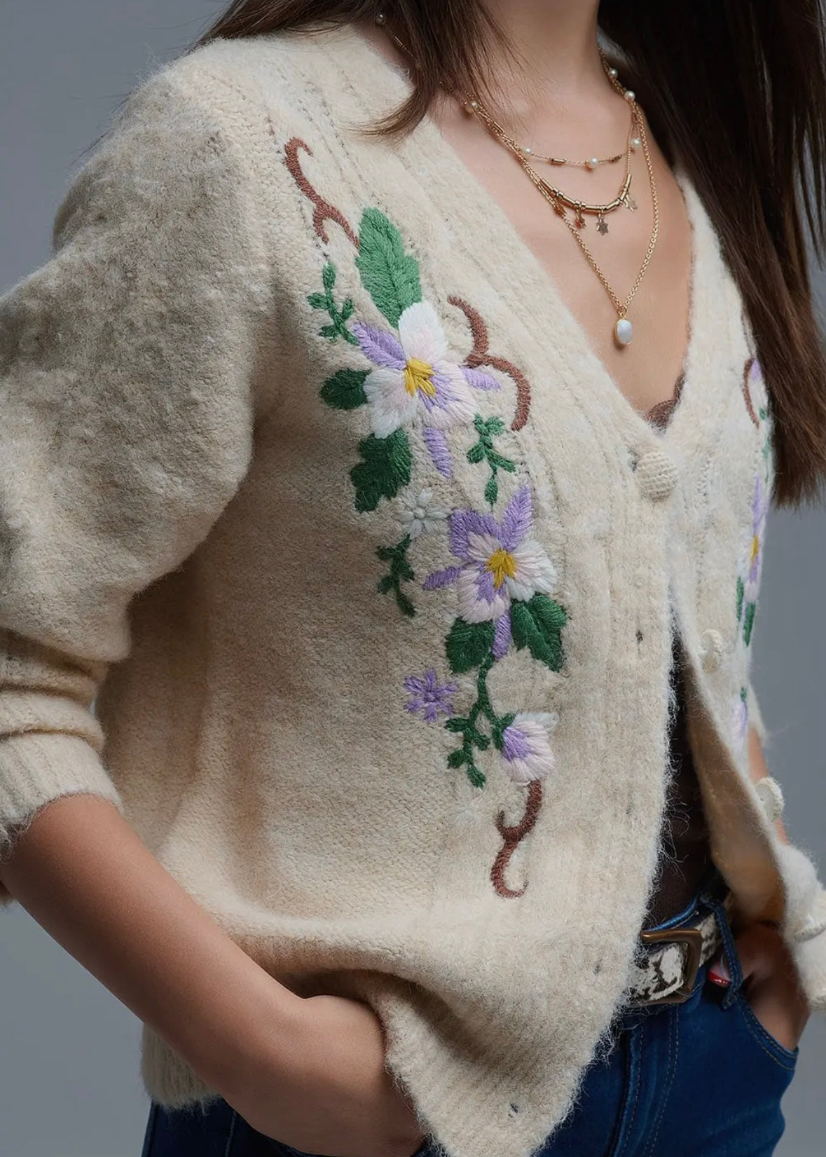 Q2 Cable Knit Beige Cardigan With Embroidered Flowers