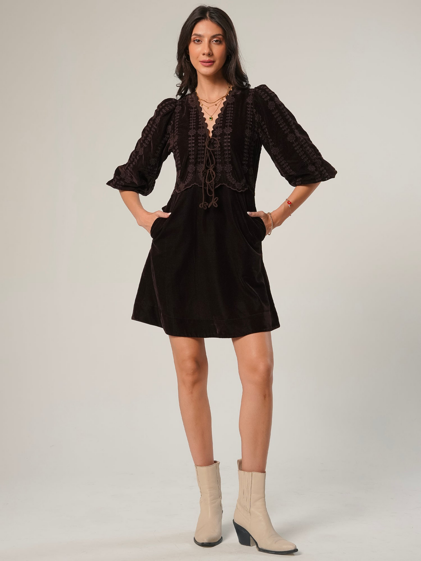 Rose And Nancy Drew Chocolate Brown Embroidered Velvet Tie Front Dress