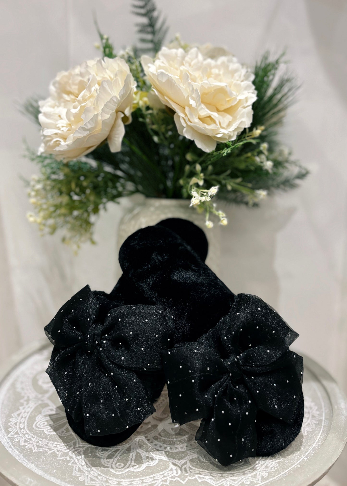 Fur Slippers With Organza Bow