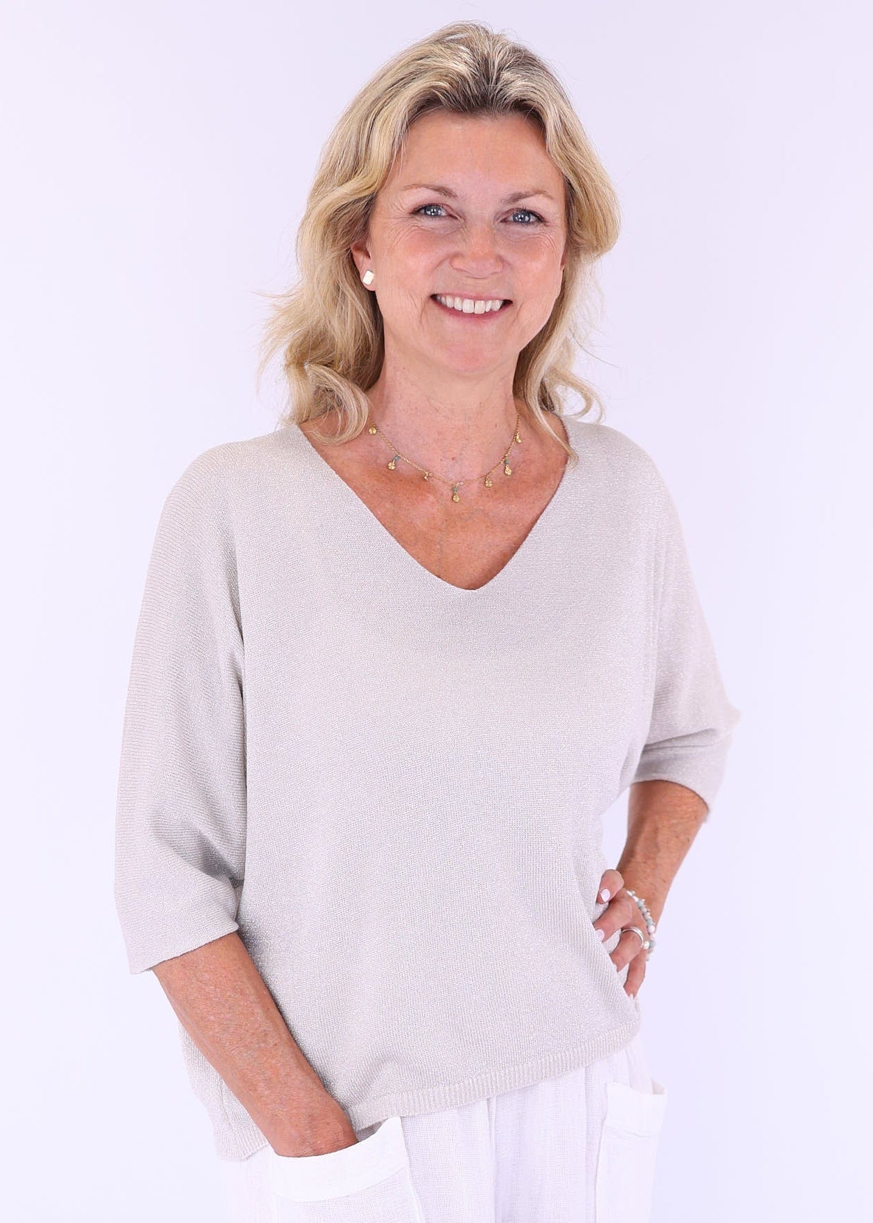 Cadenza V Neck Sparkle Top In Pale Gold