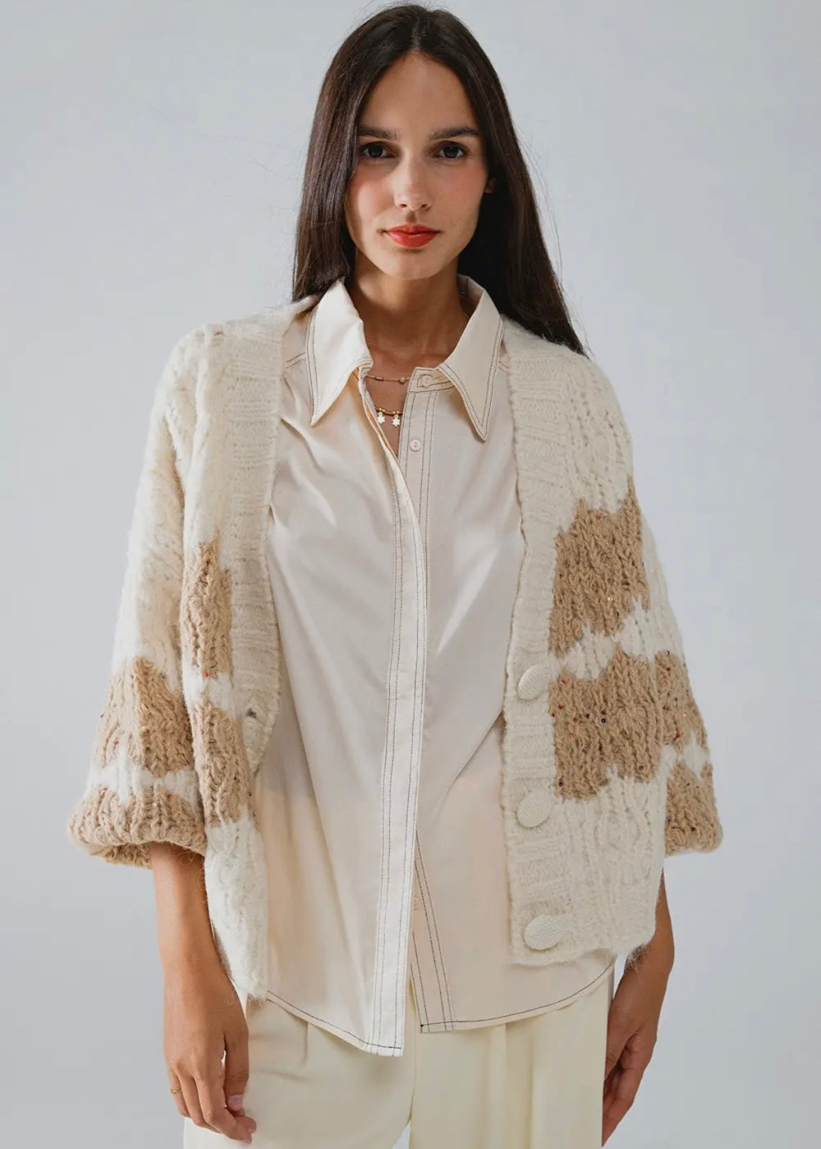 Q2 Chunky Knit Cardigan With Sequin Details In Cream