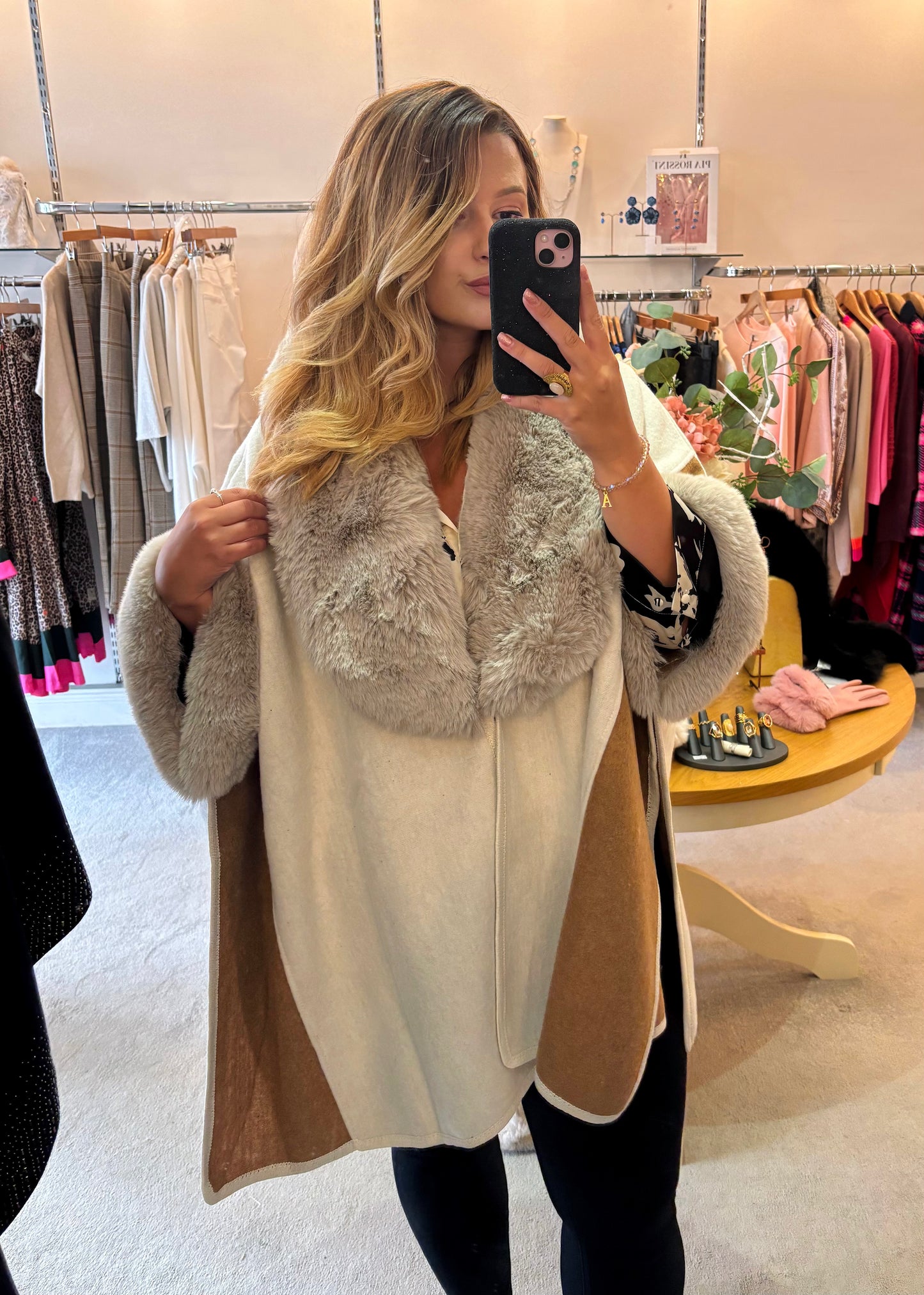 Pia Rossini Brown & Beige Faux Fur Cape