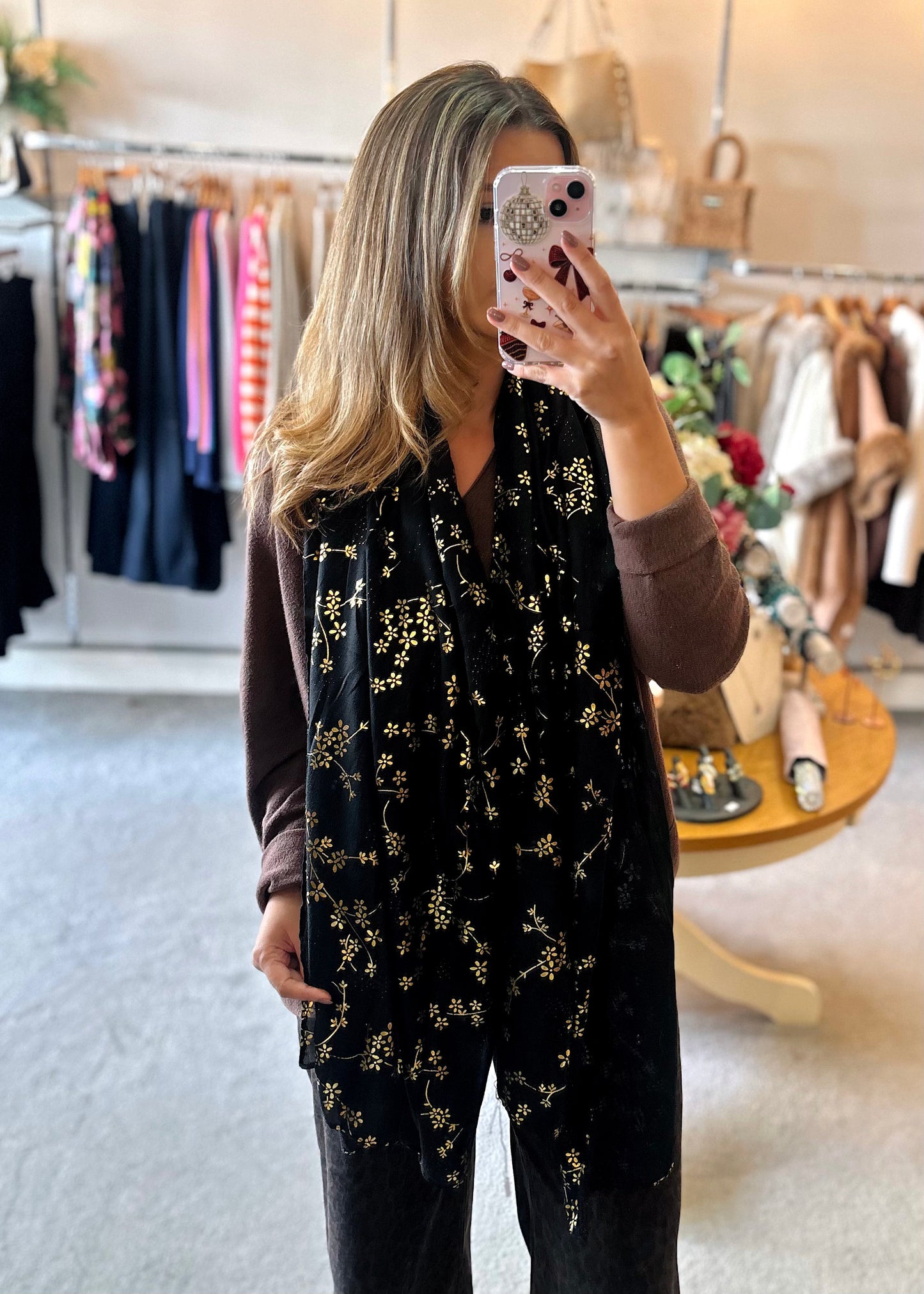 Flower Shimmer Scarf In Black