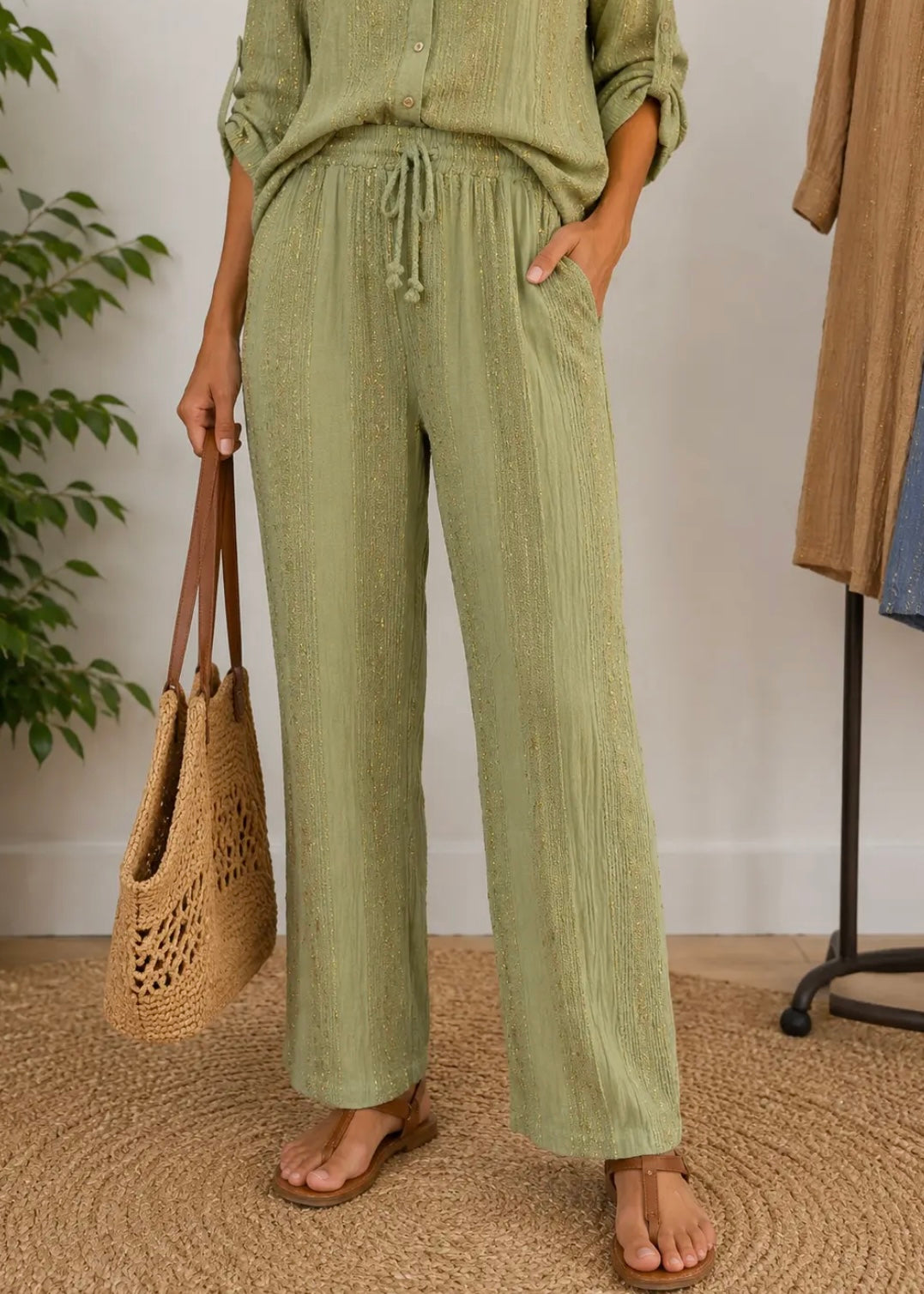 Linen / Cotton Tapered Fits Lurex Stripe Trousers In Green