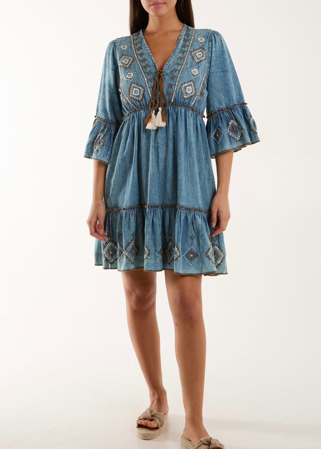 Embroidered Tassel Demin Dress