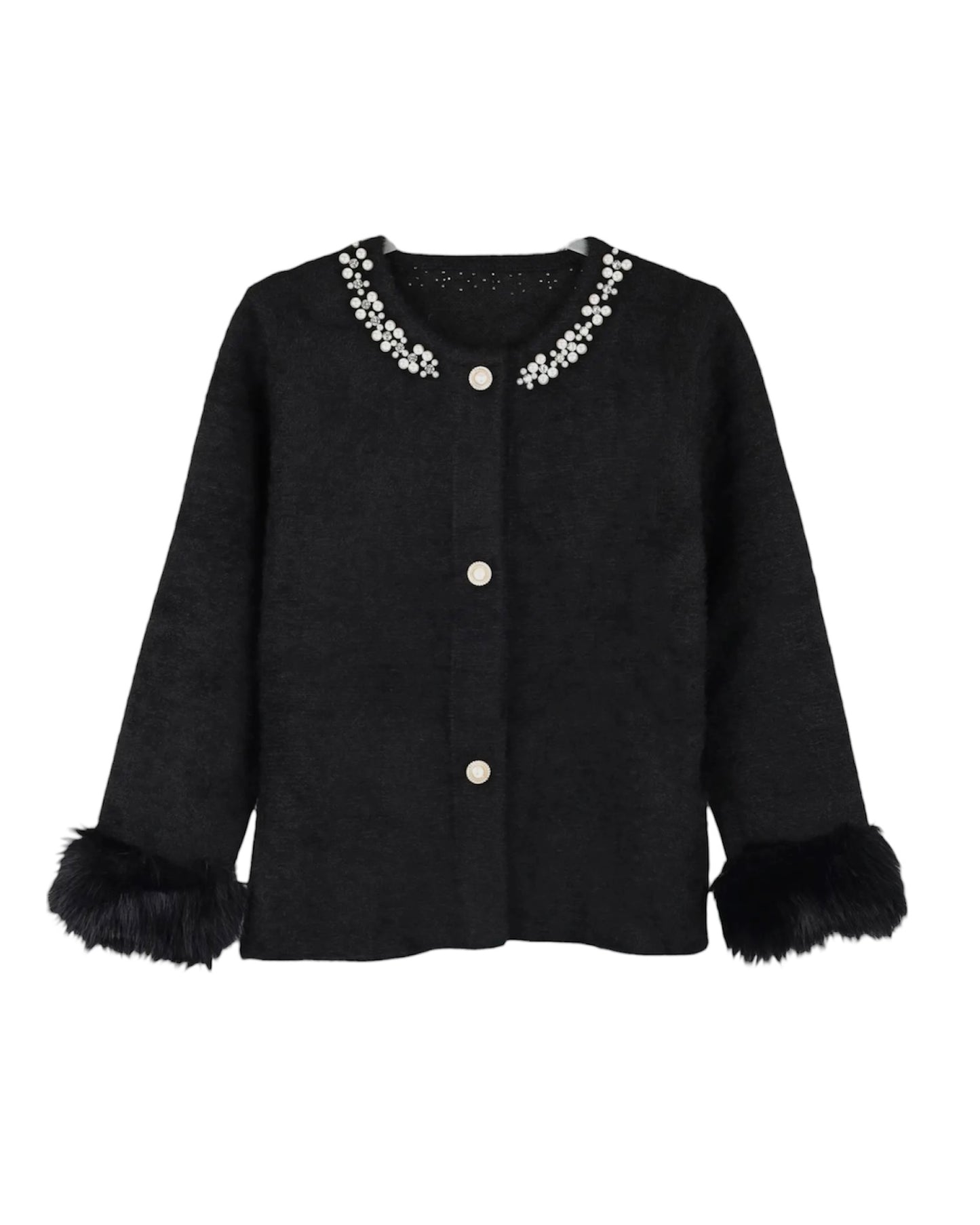 Faux Fur Cuff And Embellished Neck Cardi In Black