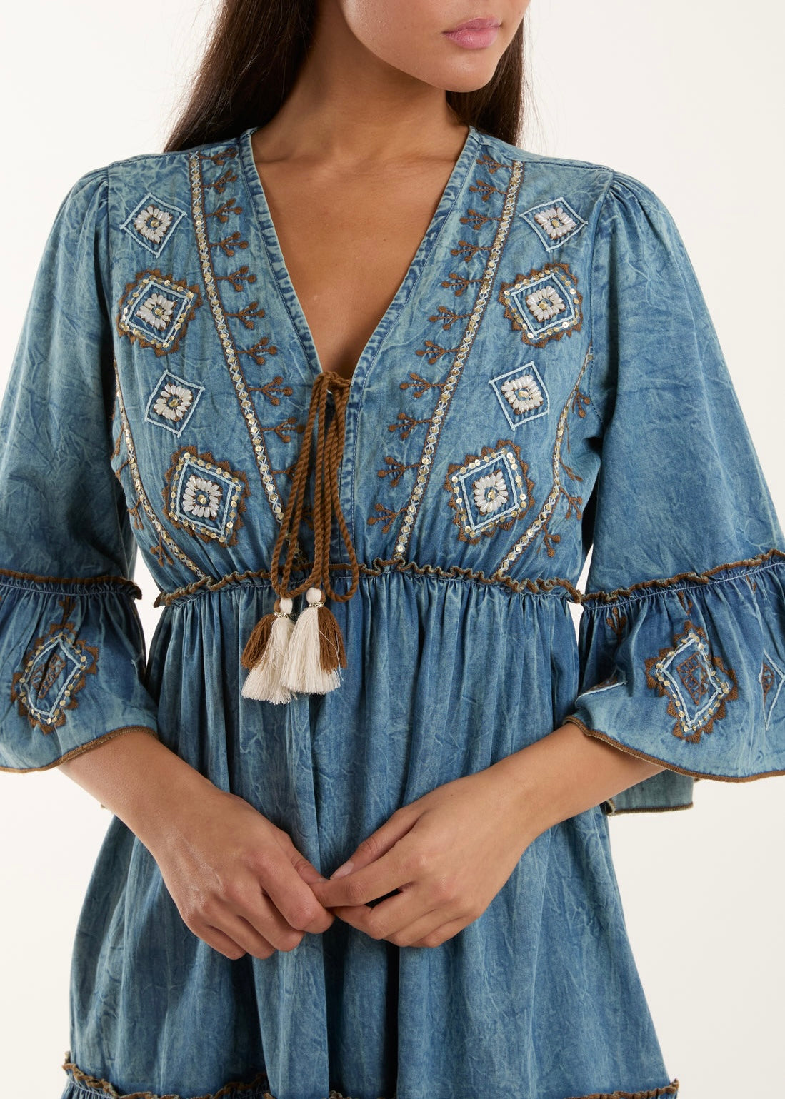 Embroidered Tassel Demin Dress