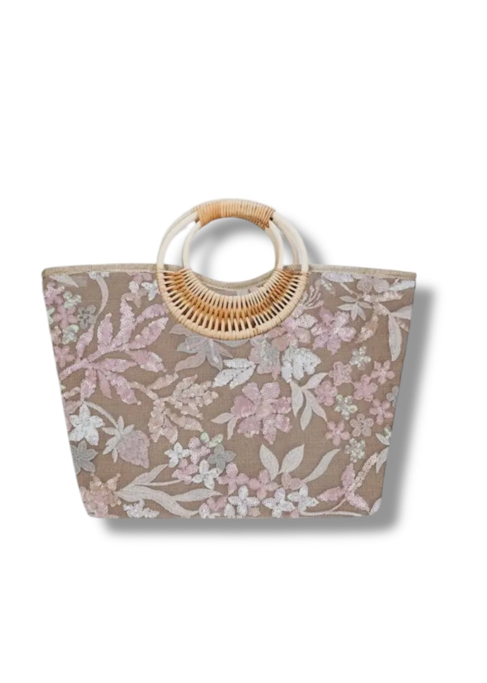 Pink Sequin Flower Handbag With Bamboo Handles