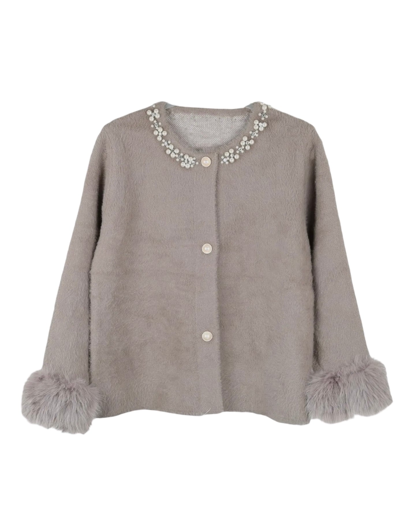 Faux Fur Cuff And Embellished Neck Cardi In Mink