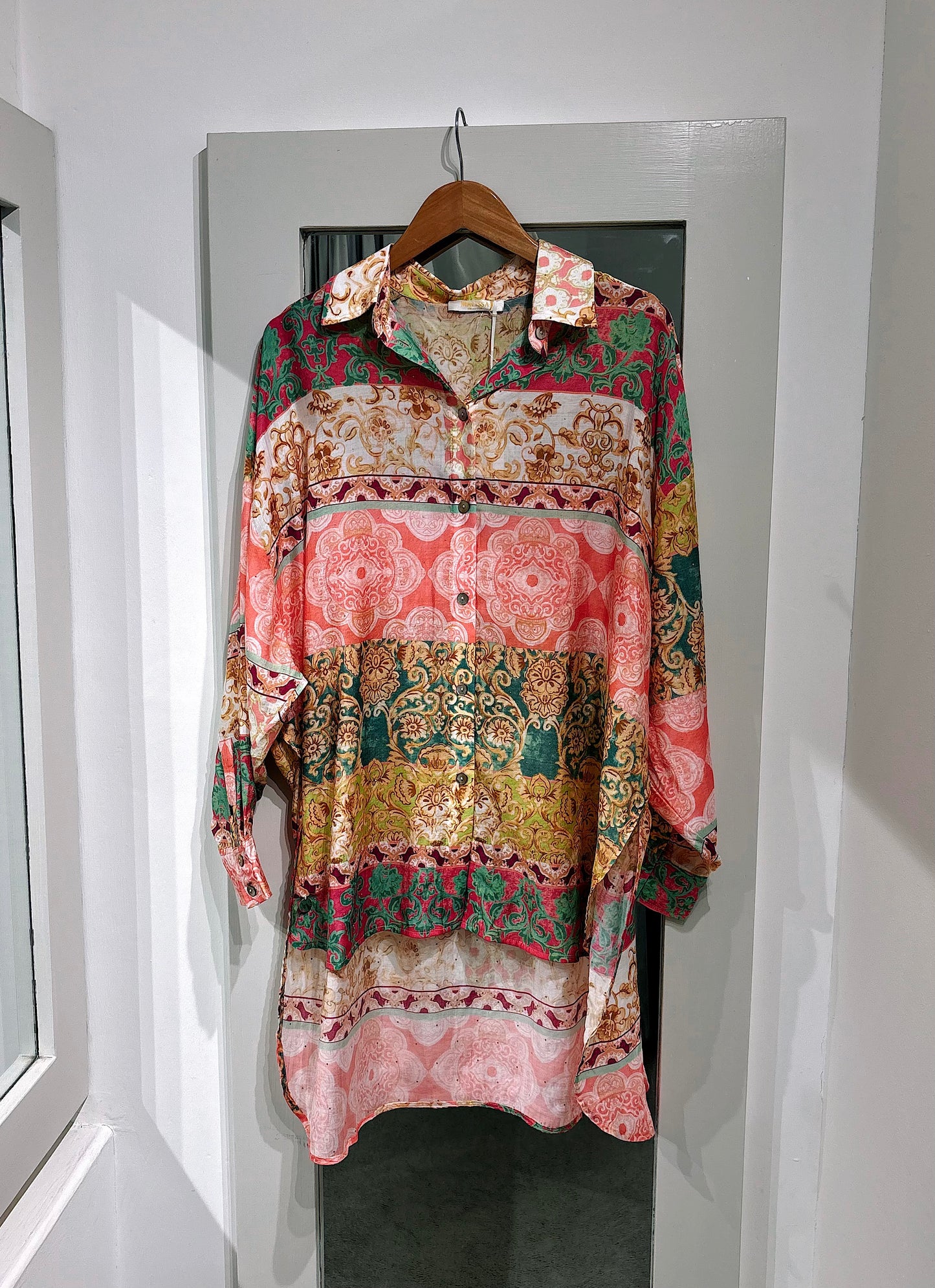 Pink Multi Embellished Patchwork Dipped Hem Shirt