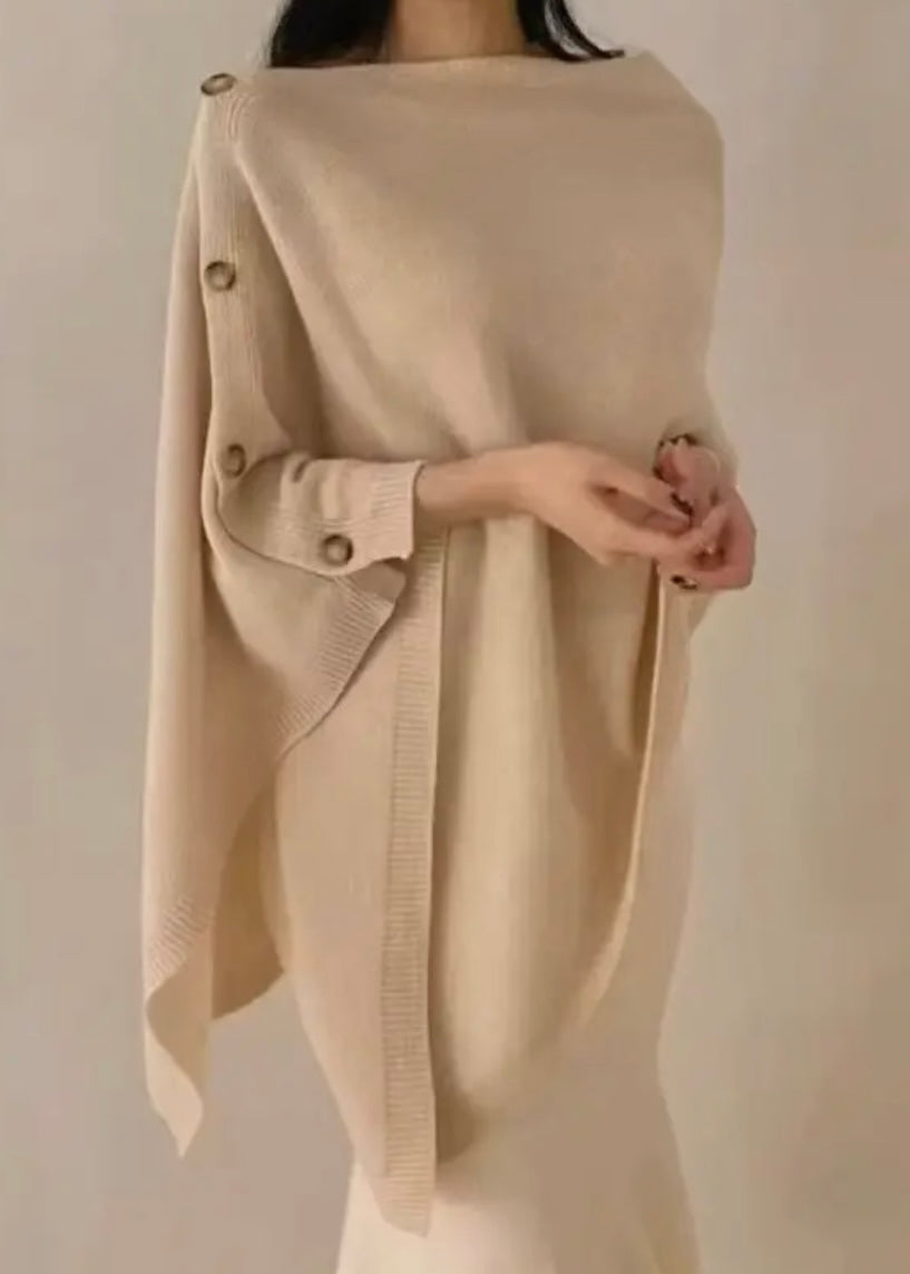 Merino Wool Button Detail Cape In Beige