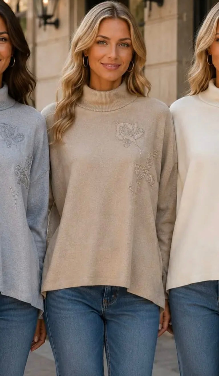 KM Sequin Flower Turtle Neck Knit Jumper In Beige