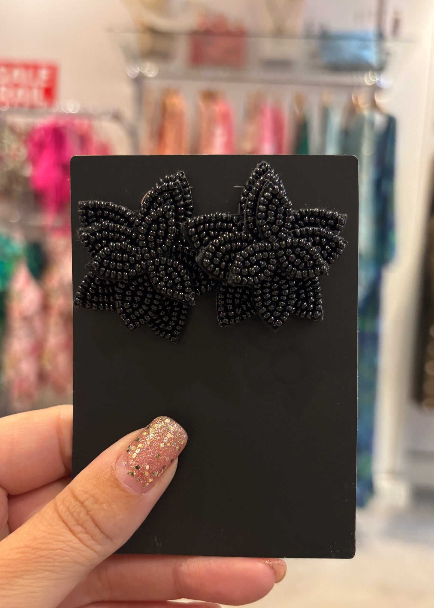 Black Beaded Flower Earrings