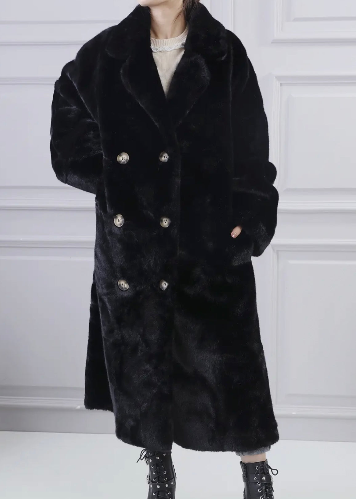 Faux Fur Longline Coat In Black