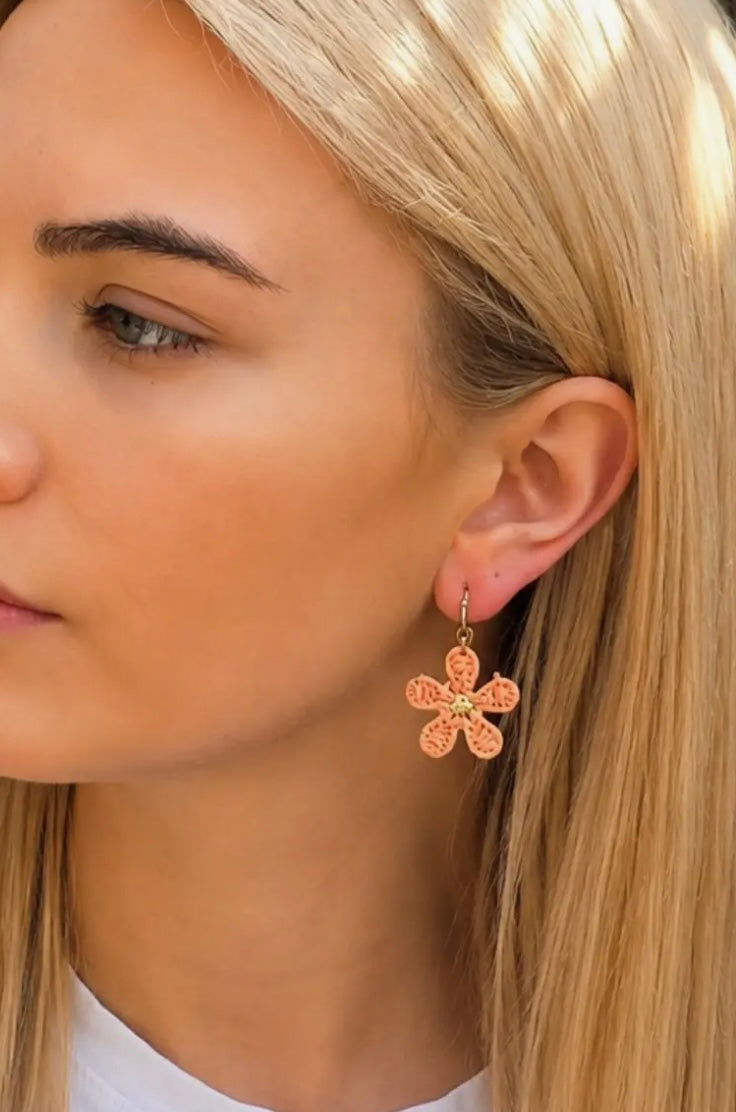 Coral Mini Raffia Hook Flower Earrings