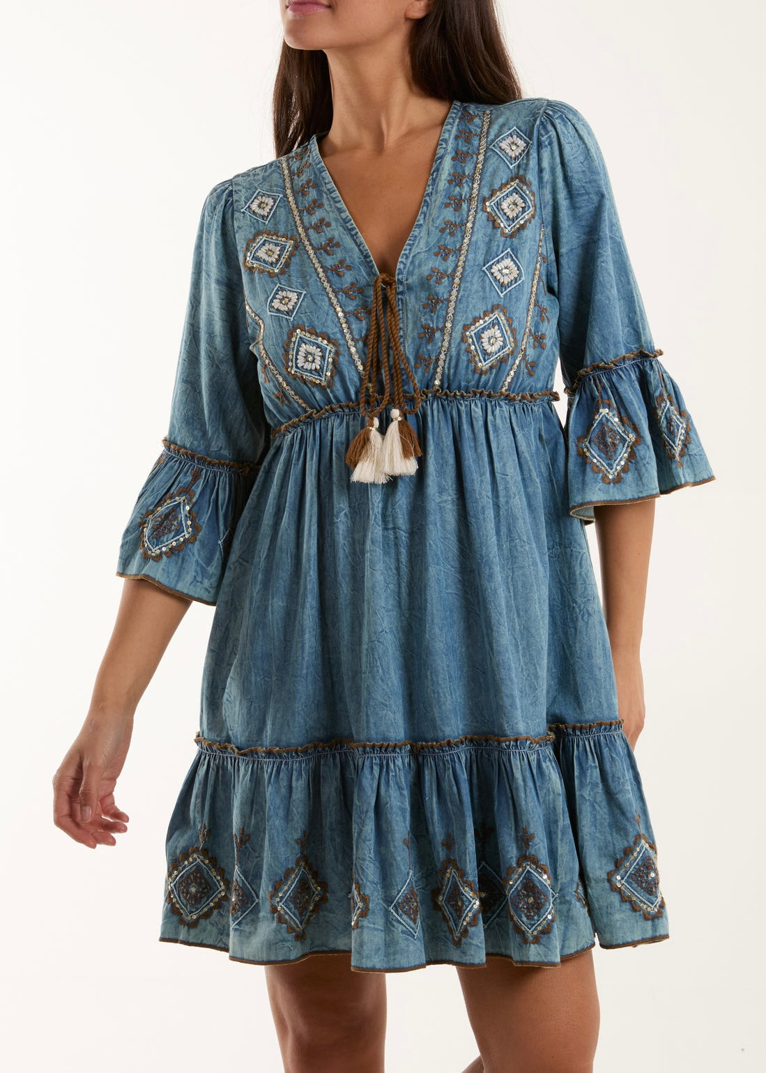 Embroidered Tassel Demin Dress
