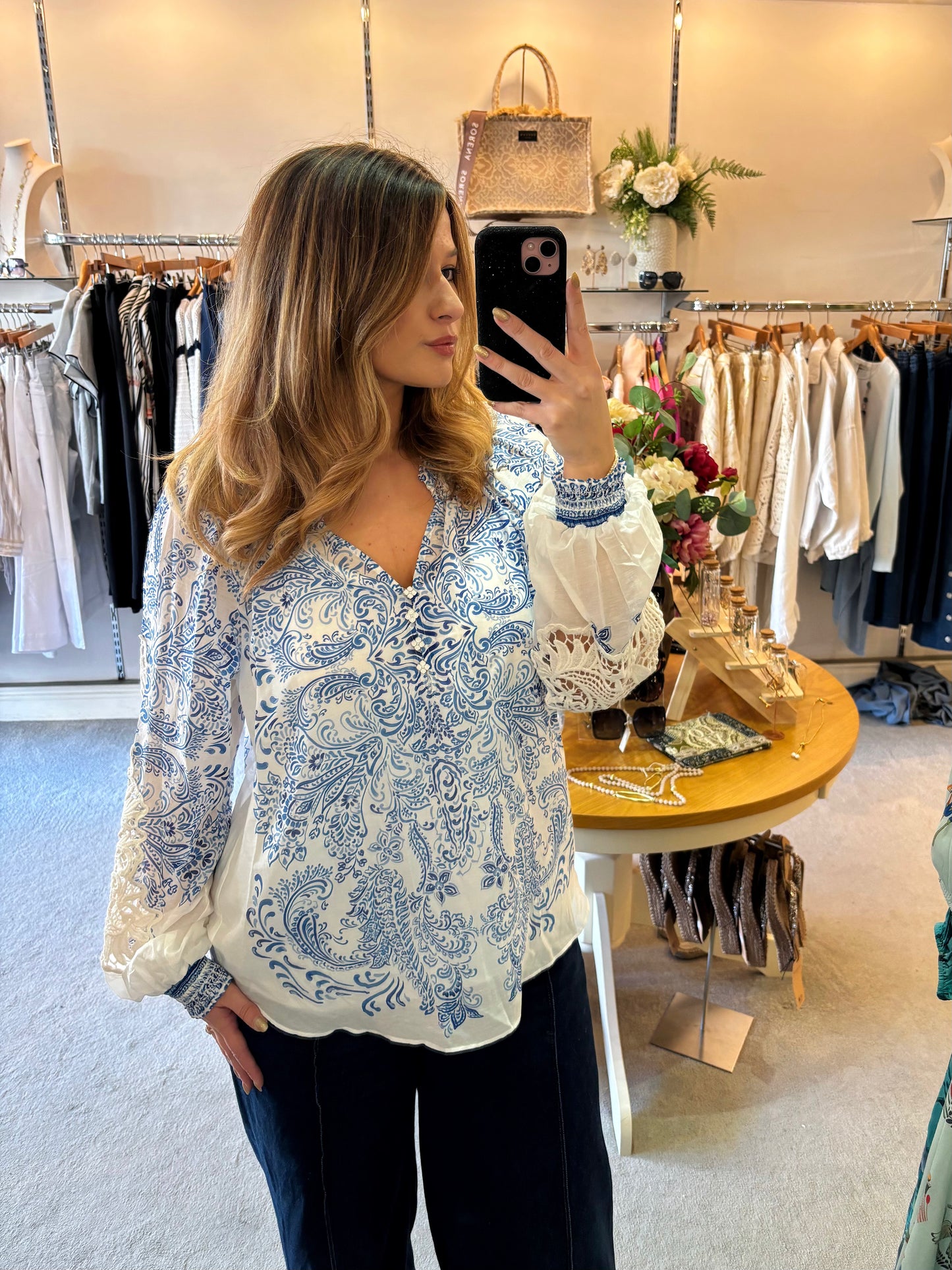 Hale Bob Blue Silk & Crochet Blouse