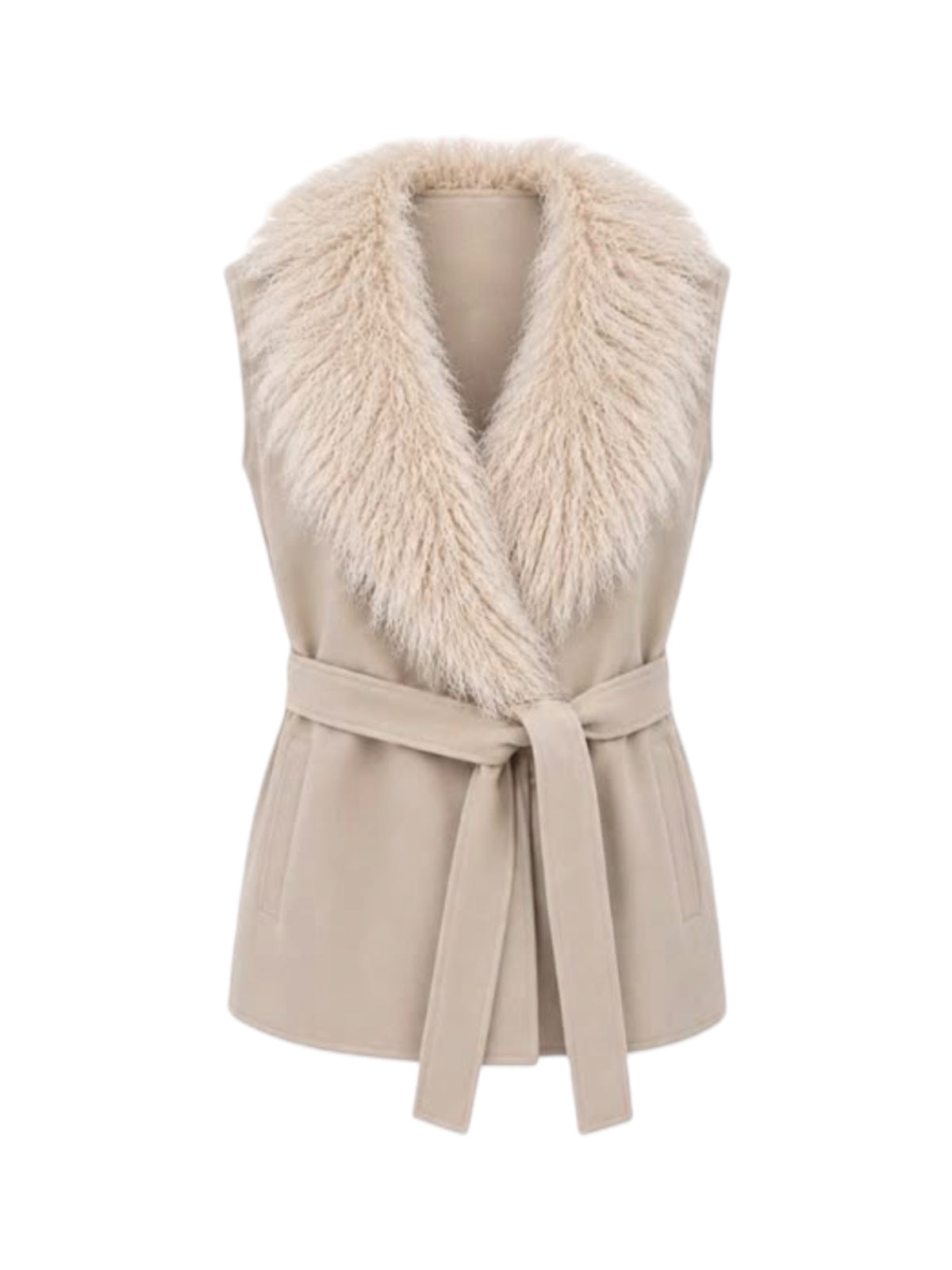 Malissa J Faux Fur Collar Gilet With Belt In Beige