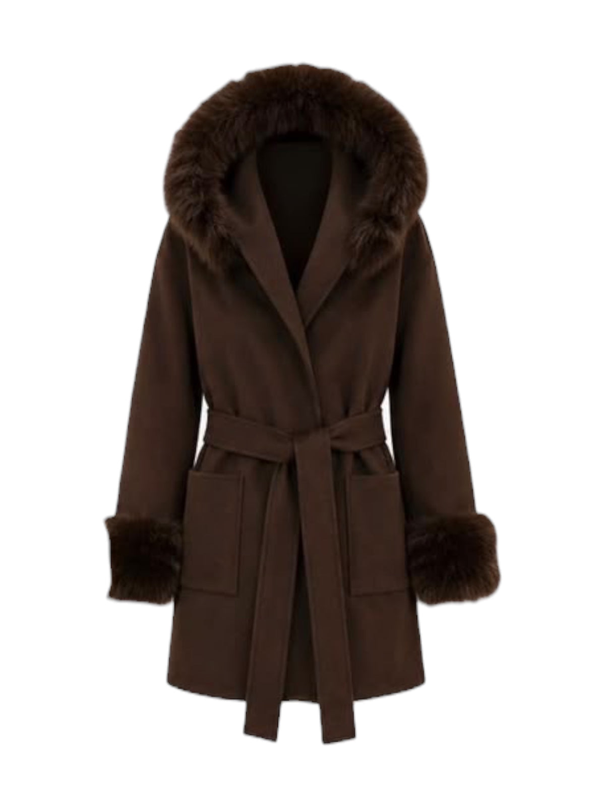 Malissa J Faux Fur Hood & Cuff Coat In Brown