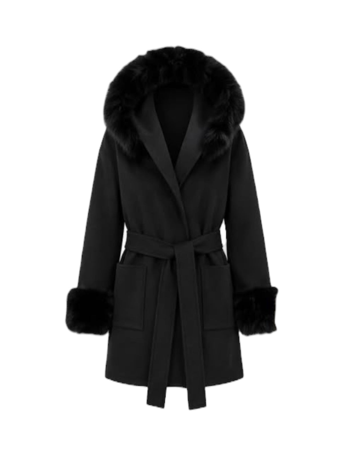 Malissa J Faux Fur Hood & Cuff Coat In Black