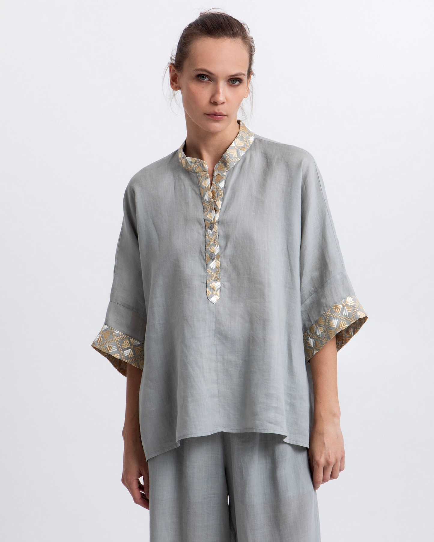 Greek Archaic Kori Flakes Ramie Blouse | Stone & Gold