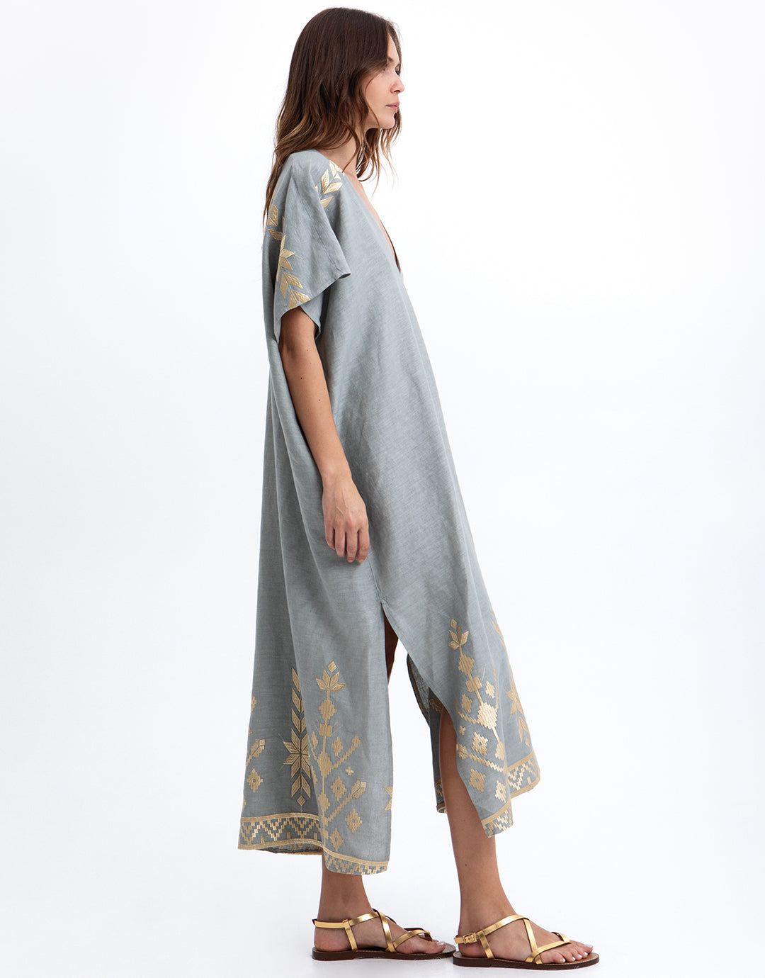 Greek Archaic Kori Ios Midi Kaftan In Stone/Gold