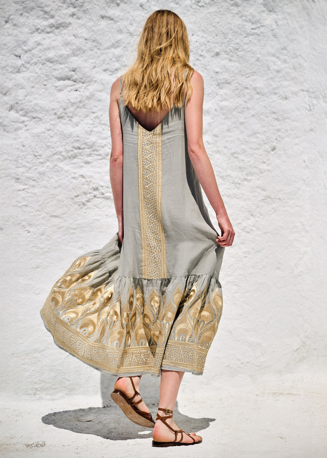 Greek Archaic Kori Strap Dress Sage / Gold Embroidery